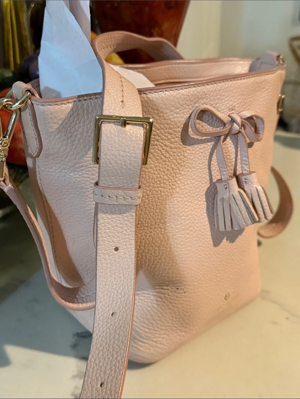 kate spade Pebbled Leather Tassel Crossbody Bag in Pale Pink